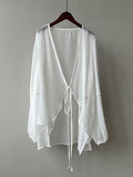 Momentlover Bishop Sleeve Long Sleeves See-Through Split-Joint Tied Collarless Blouses&Shirts Tops