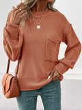 Momentlover Split-Joint Solid Color Pockets Loose Long Sleeves Round-Neck Sweater Tops Pullovers