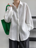 Momentlover Simple Loose Long Sleeves Buttoned Solid Color Textured Lapel Collar Blouses&Shirts Tops