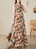 Momentlover Printed Sleeveless Loose Round-Neck Midi Dresses