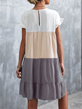 Momentlover Split-Joint Pleated Falbala Contrast Color Ruffle Sleeves Loose Round-Neck Mini Dresses