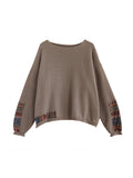 Momentlover Split-Joint Printed Loose Long Sleeves Round-Neck Sweater Tops Pullovers