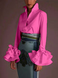 momentlover Flared Sleeves Bow-Embellished Falbala Solid Color Lapel Blouses&Shirts Tops