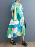 Momentlover Casual Short Sleeves Loose Contrast Color Round-Neck Midi Dresses