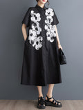 Momentlover Flower Print Buttoned Asymmetric Short Sleeves Loose Lapel Shirt Dress Midi Dresses