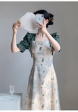 - Retro square neck dress for women summer French style patchwork floral long dress GEU1539