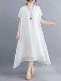 Momentlover Solid Color Short Sleeves Loose V-Neck Midi Dresses