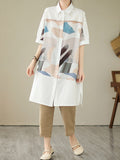Momentlover Split-Side Split-Joint Printed Short Sleeves Loose Lapel Midi Dresses