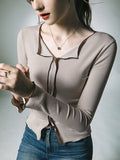 Momentlover Split-Front Skinny Long Sleeves V-Neck T-Shirts Tops