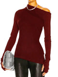 Momentlover Stylish Solid Color One-Shoulder Long Sleeves T-Shirt Top