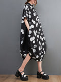 Momentlover Polka-Dot Short Sleeves Loose Lapel Midi Dresses