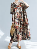 Momentlover Floral Printed Short Sleeves Puff Sleeves Round-Neck Midi Dresses