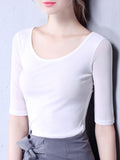 Momentlover Solid Color Gauze Skinny Plus Size Round-Neck T-Shirts Tops