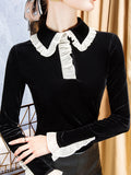 Momentlover Ruffled Hollow Skinny Long Sleeves Peter Pan Collar T-Shirts Tops