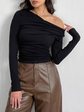 Momentlover Solid Color Asymmetric Skinny Long Sleeves Asymmetric Collar T-Shirts Tops