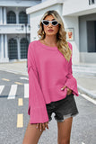 Momentlover High-Low Slit Round Neck Long Sleeve Sweater