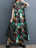 Momentlover Split-Joint Printed Buttoned Short Sleeves Loose Stand Collar Midi Dresses