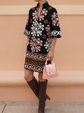 Momentlover Loose Short Sleeves Floral Printed V-neck Mini Dresses Short Dresses