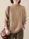 Momentlover Casual Loose Long Sleeves Solid Color High-Neck Sweater Tops