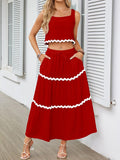 Sleeveless Striped Square-Neck Vest Top + A-Line High Waisted Drawstring Elasticity Pockets Skirts Bottom Two Pieces Set