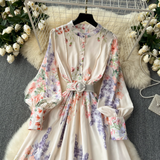 - Retro elegant lantern long-sleeved waist printed dress  GEU1104