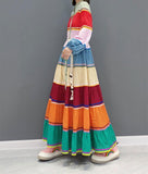 Momentlover Long Sleeves Loose Buttoned Contrast Color Striped Stand Collar Maxi Dresses Outerwear