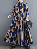 Momentlover Split-Joint Polka-Dot Pleated Buttoned Loose Long Sleeves Stand Collar Shirt Dress Maxi Dresses