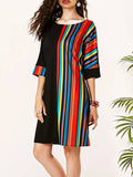 Momentlover Striped Contrast Color Asymmetric Plus Size Loose Round-neck Mini Dresses