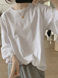 Momentlover Solid Color Pleated Puff Sleeves Loose Round-Neck T-Shirts Tops