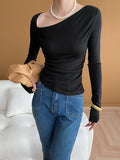 Momentlover Solid Color Skinny Long Sleeves Asymmetric Collar T-Shirts Tops