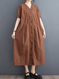 Momentlover Solid Color Pockets Buttoned Short Sleeves Loose V-Neck Midi Dresses