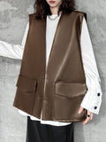 Momentlover Solid Color Pockets Buttoned Sleeveless Loose V-neck Vest Outerwear