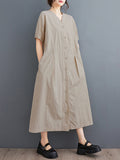 Momentlover Solid Color Pockets Buttoned Short Sleeves Loose V-Neck Midi Dresses