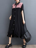 Momentlover Split-Joint Printed Falbala Short Sleeves Loose Lapel Midi Dresses