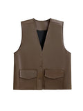Momentlover Solid Color Pockets Buttoned Sleeveless Loose V-neck Vest Outerwear