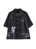 Momentlover Split-Joint Printed Contrast Color Short Sleeves Loose Lapel Blouses