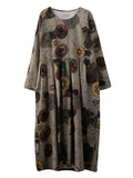 Momentlover Artistic Retro Loose Long Sleeves Printed Round-Neck Maxi Dresses