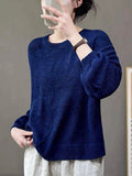 Momentlover Solid Color See-Through Loose Long Sleeves Round-Neck Sweater Tops