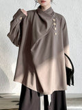 Momentlover Split-Joint Solid Color Pleated Buttoned Asymmetric Loose Long Sleeves High Neck Blouses