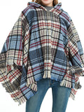 Momentlover Plaid Keep Warm Hooded Fringed Shawl&Cloak Cape