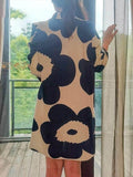 Momentlover Pleated Flower Print Plus Size Loose Mock Neck Mini Dresses