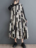 Momentlover Split-Joint Printed Buttoned Loose Long Sleeves Lapel Shirt Dress Midi Dresses