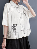 Momentlover Split-Joint Printed Contrast Color Short Sleeves Loose Lapel Blouses