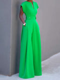 momentlover Urban Cap Sleeve Solid Color Wide Leg Jumpsuits