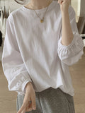 Momentlover Solid Color Pleated Puff Sleeves Loose Round-Neck T-Shirts Tops