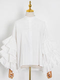 Momentlover Solid Color Ruffled Layered Buttoned Loose Long Sleeves Mock Neck Blouses&Shirts Tops
