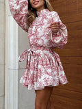 Momentlover Tied Waist Split-Joint Printed Pleated Puff Sleeves Loose Stand Collar Mini Dresses