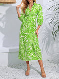 Momentlover Tied Waist Printed Elasticity Nine-Minute Sleeve High Waisted V-Neck Shirt Dress Midi Dresses