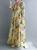 Momentlover Split-Joint Flower Print Loose Long Sleeves Round-Neck Midi Dresses