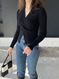 Momentlover Solid Color Knot Loose Long Sleeves V-Neck Sweater Tops Pullovers